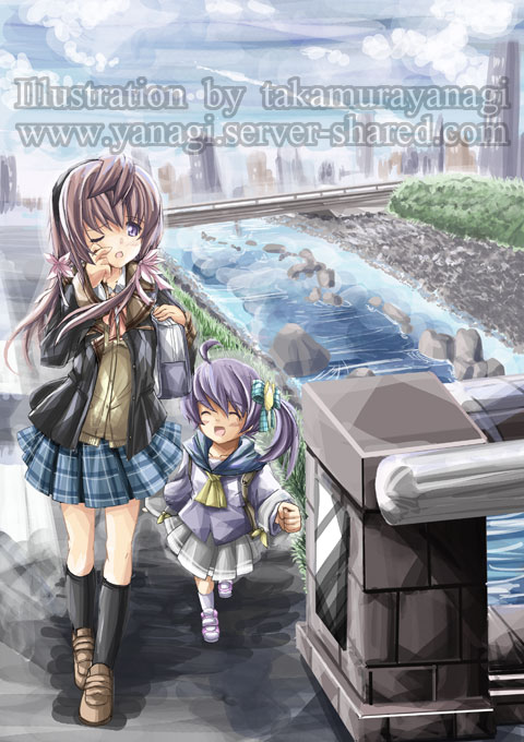 朝の通学路の姉妹イラスト