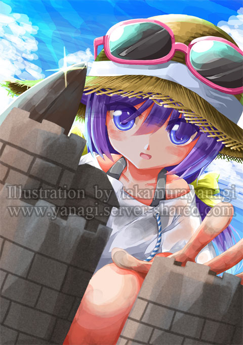 砂のお城を作る女の子の夏イラスト