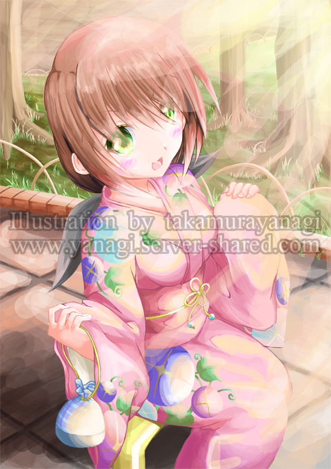 浴衣で待ち合わせ中の女の子イラスト