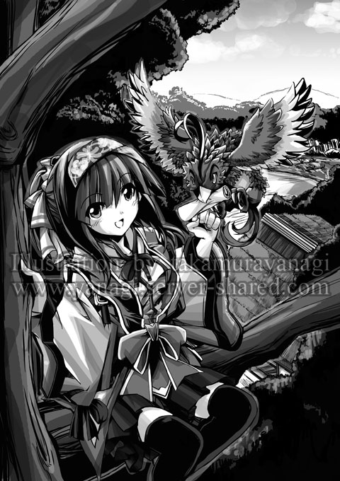 巫女と鳥の生活イラスト